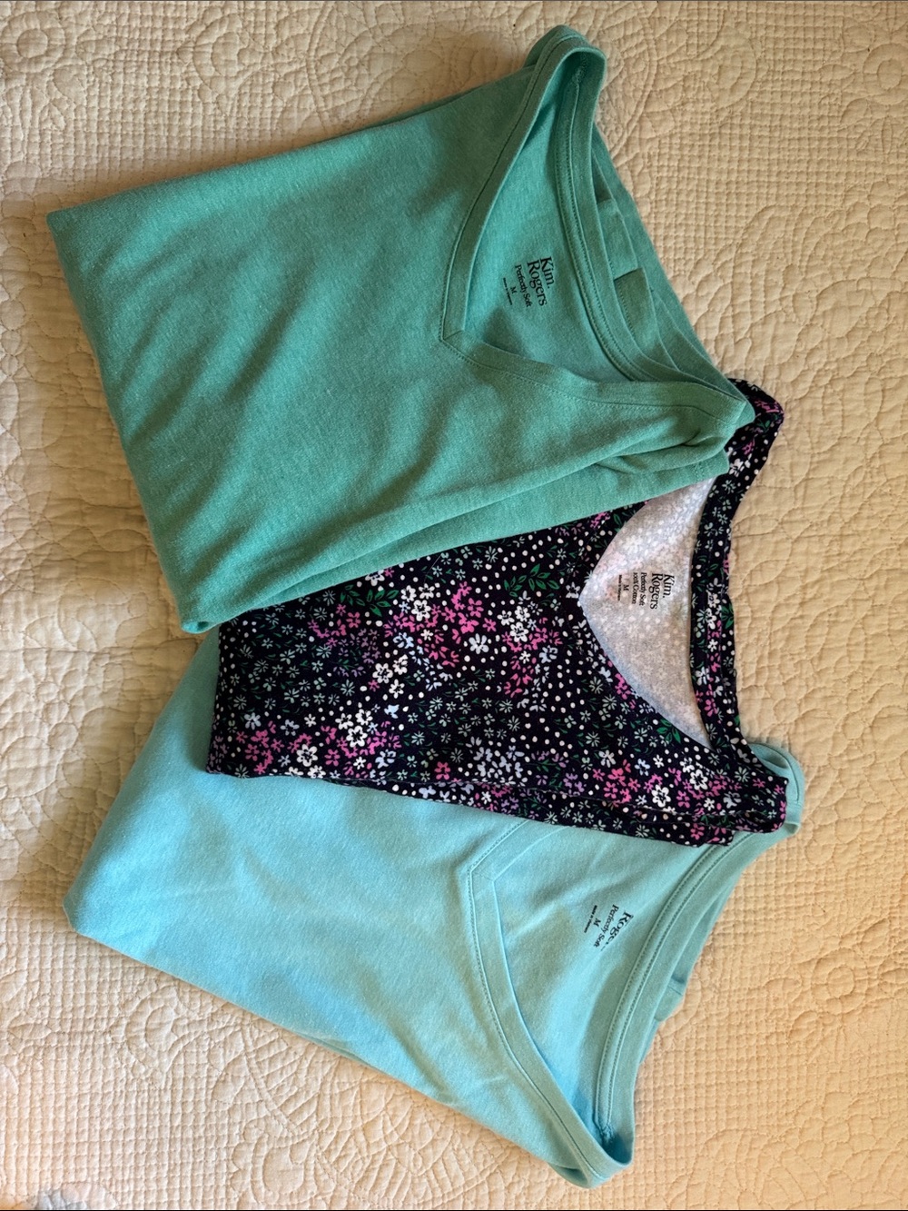 Set of Three Kim Rogers Teal Aqua & Black Floral Short Sleeve Tops